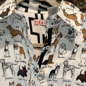 LIZZIE XS Cotton white button down blouse, with a variety of dogs throughout.